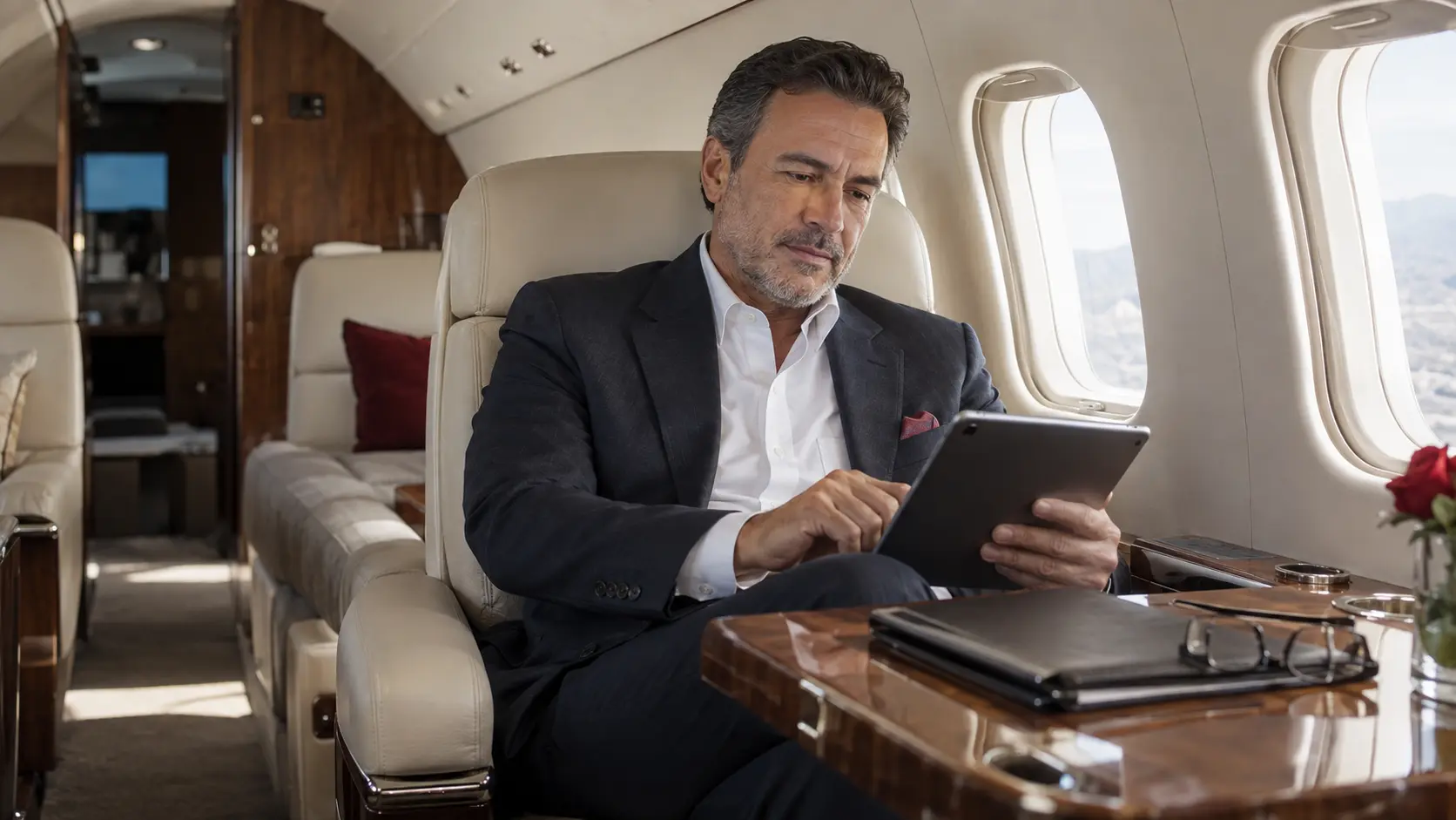 Empresario revisando una propuesta dentro de un jet ejecutivo